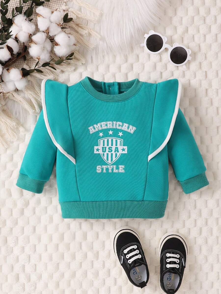 Baby Girl Letter Graphic Contrast Binding Ruffle Trim Sweatshirt - Green - View 1