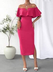 SHEIN Privé Off Shoulder Ruffle Trim Split Hem Bodycon Dress - Hot Pink - View 3