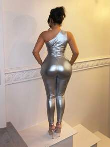 SHEIN SXY One Shoulder Unitard Jumpsuit - Silver - View 2
