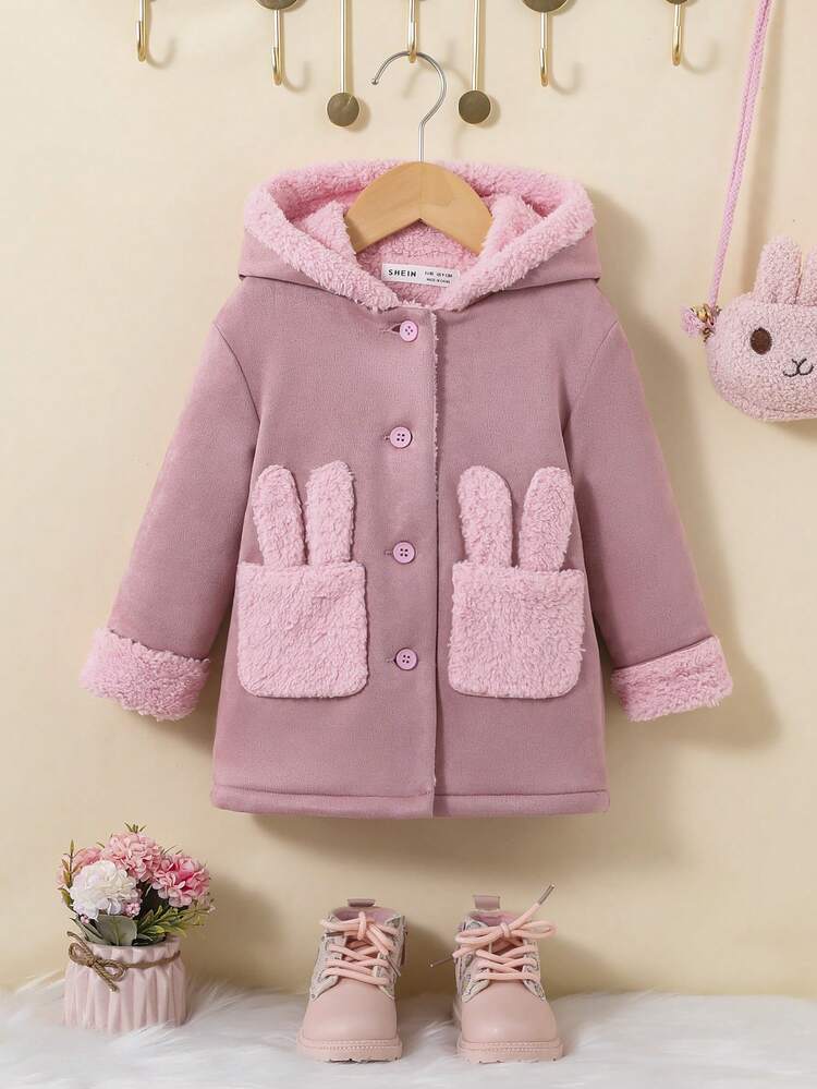 Baby Girl Dual Pocket Teddy Lined Hooded Coat Without Sweater