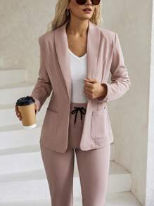 Miaspire Conjunto de 2 piezas de mujer con cárdigan de solapa texturizada y pantalones anchos con cintura elástica y cordón, para otoño/invierno - Rosa vieja - Ver 3
