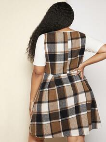 SHEIN CURVE+ Plus Plaid Print Overall Button Front Overall Dress Without Tee - Multicolor - View 2