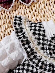 Baby Girl Houndstooth Print Ruffle Trim Bow Front Peplum Top & Pants & Bag - Multicolor - View 5