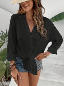 SHEIN Frenchy Chất rắn Nút phía trước Thả vai Áo sơ mi - màu đen - Xem 5