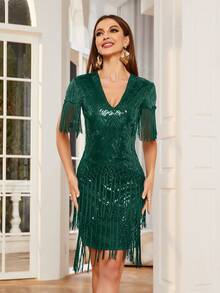 Vestido de fiesta de mujer con escote en V, manga corta, con lentejuelas y flecos glamoroso y vintage - Verde Oscuro - Ver 4