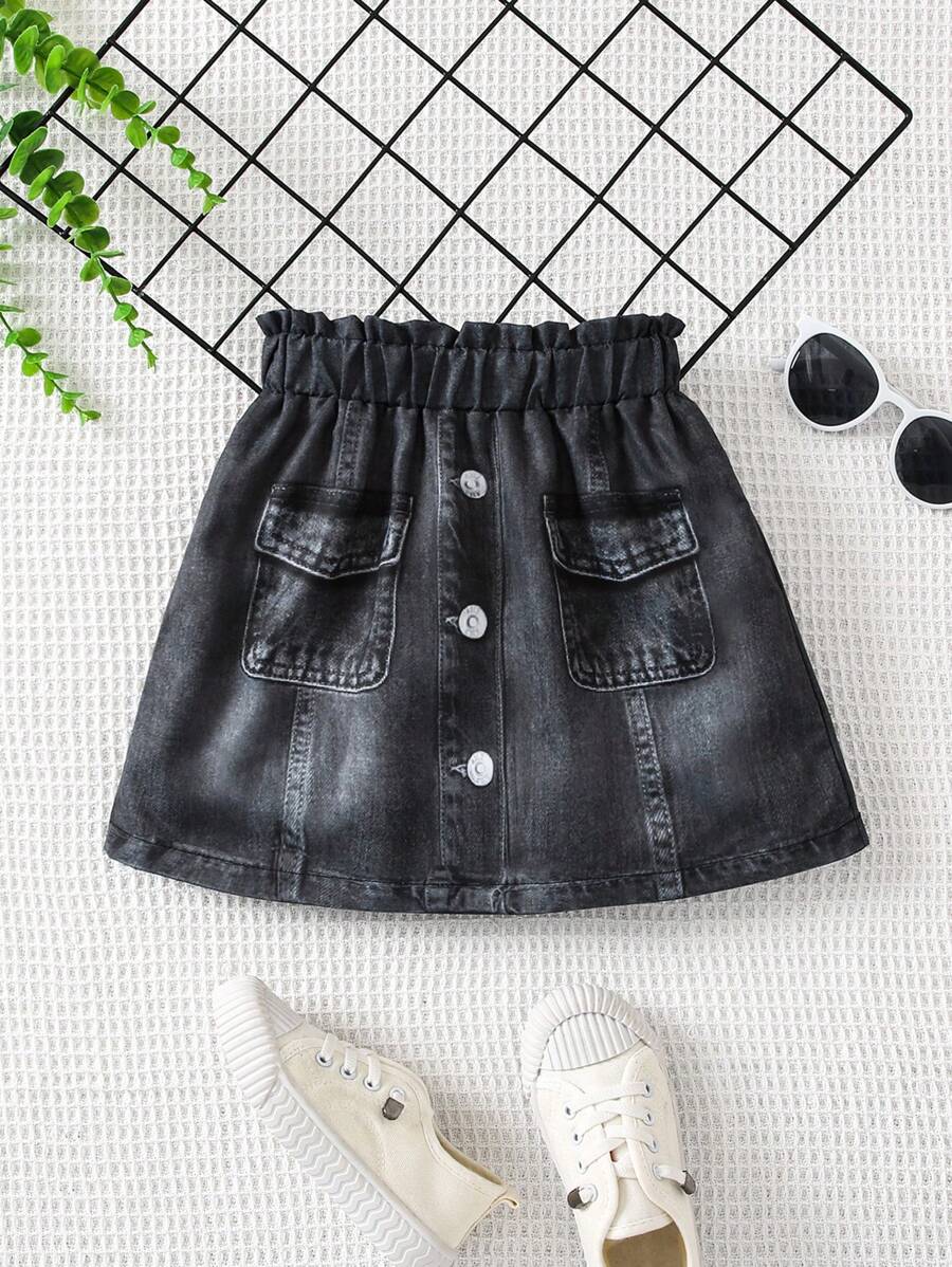 SHEIN 少女穿著休閒印花裙,春夏 - 黑色 - 查看 1