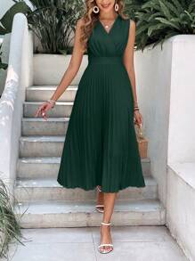 SHEIN Frenchy Solid Pleated Hem Dress Summer Elegant Evening Dress Green Christmas - Dark Green - View 1