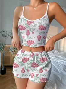 Floral Print Lettuce Trim Cami Top & Shorts PJ Set / Pajama Set - Multicolor - View 4
