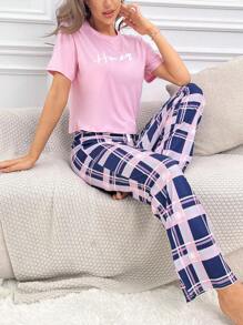 Letter Graphic Tee & Plaid Shorts & Pants PJ Set - Multicolor - View 5