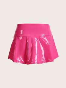 SHEIN ICON PU Leather Pleated Skirt - Hot Pink - View 2
