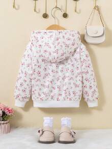 SHEIN Baby Girl Ditsy Floral Print Zip Up Teddy Lined Hooded Jacket - Multicolor - View 2