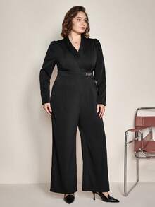 BizChic Plus Shawl Collar Chain Detail Jumpsuit - Black - View 3