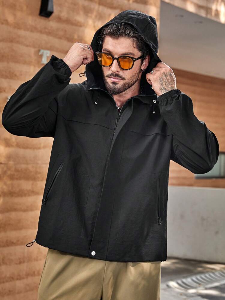 Loose Fit Men's Zipper Closure Hooded Jacket With Drawstring