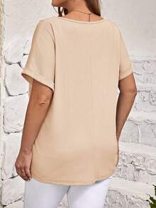 EMERY ROSE Plus Button Detail Batwing Sleeve Peplum Tee - Apricot - View 2