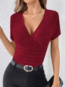 SHEIN Essnce Surplice Neck Ribbed Knit Tee - Burgundy - View 5