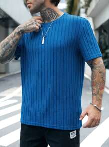 Manfinity BRENVOR Men Solid Ribbed Knit Basic Plain Short Sleeve Tee, Vacation, For Husband, Summer - Blue - View 2