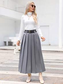 SHEIN Privé Solid Pleated Skirt - Grey - View 6
