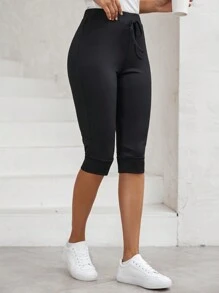 SHEIN LUNE Solid Drawstring Waist Capri Pants - Black - View 1