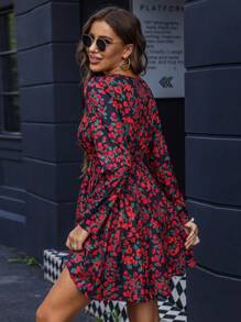 Allover Floral Print Puff Sleeve Overlap Collar Dress - Red - View 2