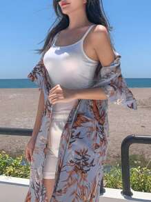 DAZY Tropical Print Open Front Kimono Summer,Beach Women Outfits