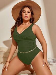 Swim Lushoire Summer Beach Plus Solid Ruched One Piece Swimsuit - Army Green - View 5