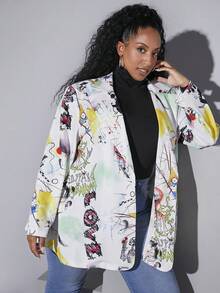 SHEIN CURVE+ 大碼塗鴉圖案西裝領西裝外套 - 彩色 - 查看 4
