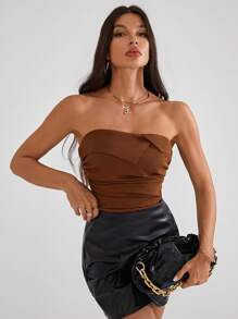 SHEIN Privé 素色側收褶抹胸上衣 - 咖啡棕 - 查看 4