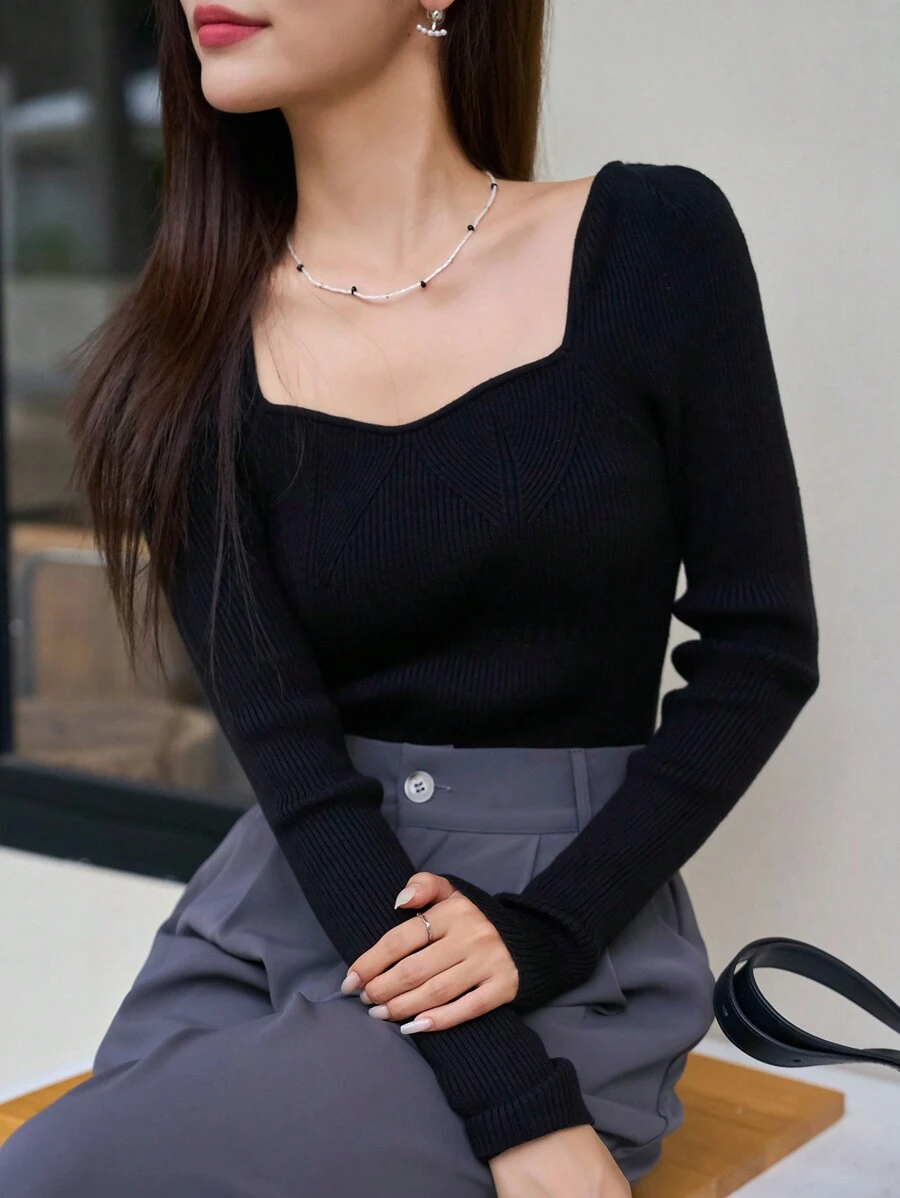 DAZY Cổ Trái tim Đồ đan Ribbed Áo len - màu đen - Xem 1