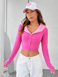 SHEIN MOD 羊絨領口短款開衫 - 玫紅色 - 查看 4