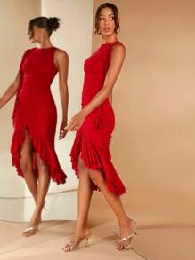 SHEIN BAE Ruched Ruffle Trim Drawstring Front Asymmetrical Hem Dress