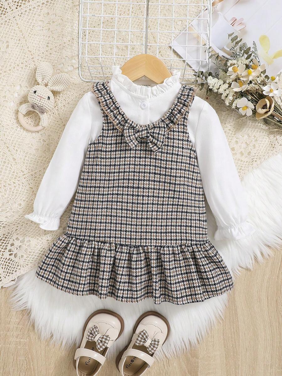 SHEIN Đứa bé gái Cổ diềm tay áo lá sen Áo & In Houndstooth Xù Hoa Sen Đầm Pinafore - Nhiều màu - Xem 1