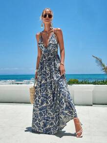 SHEIN VCAY Tropical Print Crisscross Backless Cami Dress - Dusty Blue - View 4