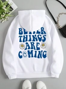 SHEIN EZwear Capucha térmica con estampado de slogan & floral con bolsillo de canguro con cordón - Blanco - Ver 1