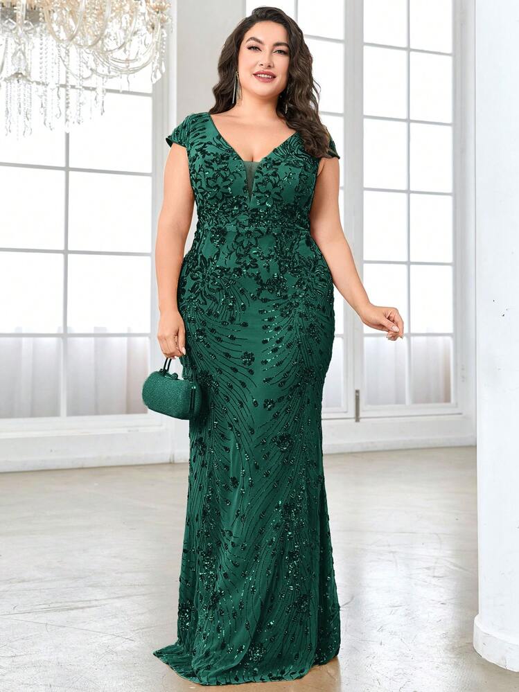 XUIBOL Summer High Quality Elastic Sequin V-Neck Cover Sleeves With Slim Fit And Fishtail Hem Design, Plus Size Featuring A Solid Color Elegant And Luxurious Long Dress For Women, Making Women Younger And More Charming, Suitable For Various Parties, Graduations, Weddings, Events And Various Banquets And Dancing Parties, Formal Ball Gown For Women (Deluxe Edition) - Dark Green - View 1
