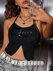 SHEIN Unity Chi tiết nút buộc Viền chia cắt Không lưng Áo hai dây - màu đen - Xem 2