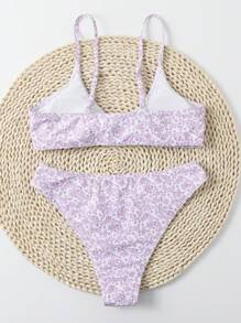 Swim Mod Summer Beach Ditsy Floral Drawstring Bikini Set - Purple - View 2
