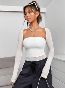 Muchica unicolor ribete en forma de lechuga Top bandeau & Bolero - Blanco - Ver 4