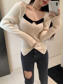 DAZY Contrast Trim Button Front Ribbed Sweater,Long Sleeve Tops,Fall Clothes - Apricot - View 5