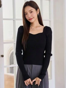 DAZY Cổ Trái tim Đồ đan Ribbed Áo len - màu đen - Xem 6