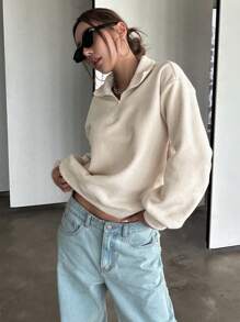 DAZY Half Zip Drop Shoulder Sweatshirt,Fall Clothes - Apricot - View 4