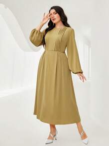 Modelyn 大碼褶皺細節燈籠袖洋裝不附腰帶 - 橄欖綠 - 查看 4