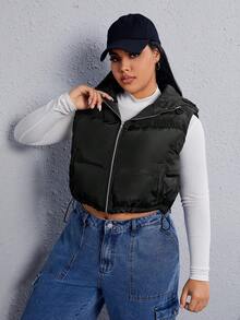 SHEIN EZwear Áo khoác đệm có khóa kéo viền rút Plus không có áo phông - màu đen - Xem 5