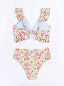Swim Mod Summer Beach Ditsy Floral Ruffle Trim Bikini Set - Multicolor - View 2