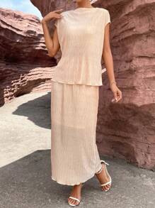 SHEIN Essnce Solid Batwing Sleeve Blouse & Skirt - Apricot - View 4