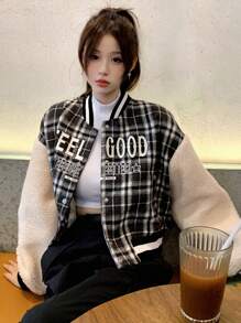 DAZY Đồ họa Chữ cái Kẻ sọc Tartan Thả vai Quá lớn Áo khoác bomber - Nhiều màu - Xem 1