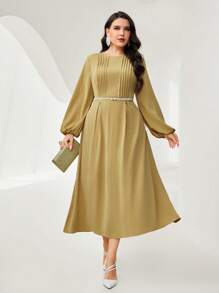 Modelyn 大碼褶皺細節燈籠袖洋裝不附腰帶 - 橄欖綠 - 查看 1