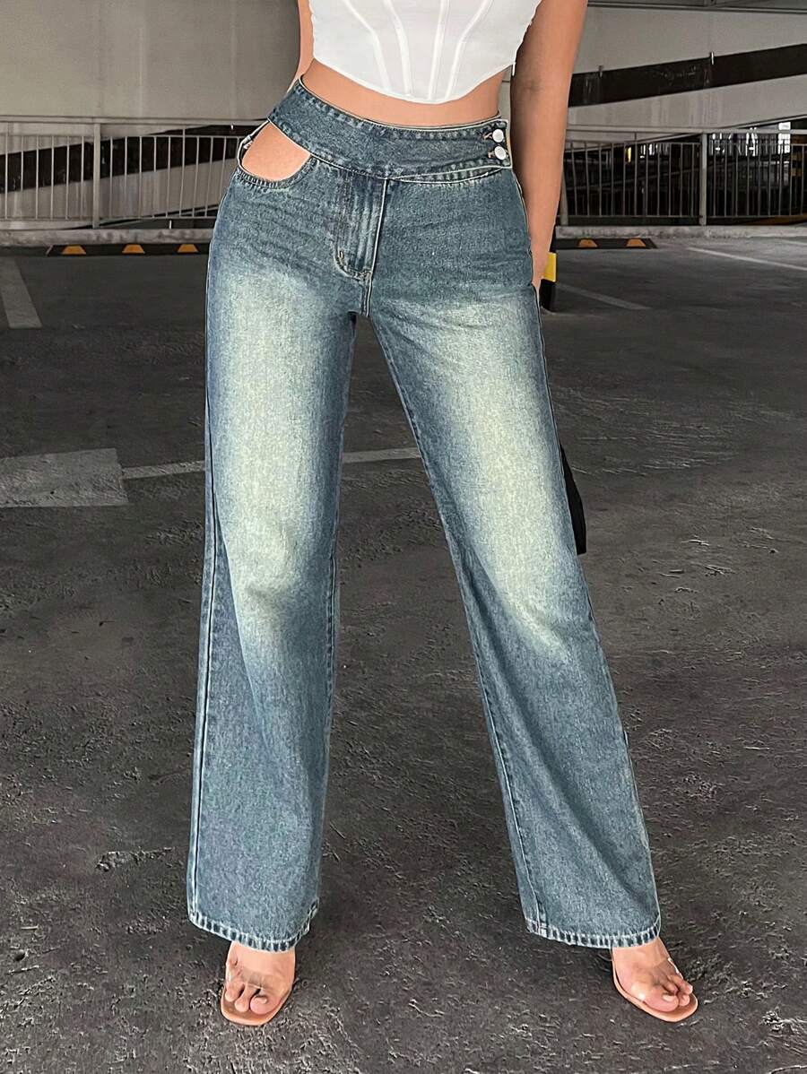 SHEIN ICON Cắt bỏ eo Quần legging thẳng - Rửa nhẹ - Xem 1