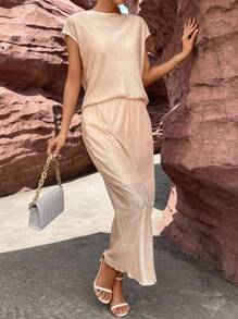 SHEIN Essnce Solid Batwing Sleeve Blouse & Skirt - Apricot - View 6