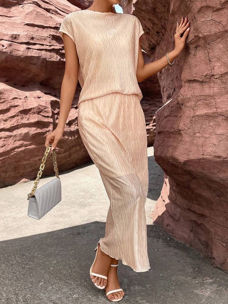 Solid Batwing Sleeve Blouse & Skirt