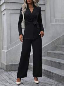 SHEIN Clasi Solid Knot Side Blazer & Pants Fall Cloth For Women - Black - View 4